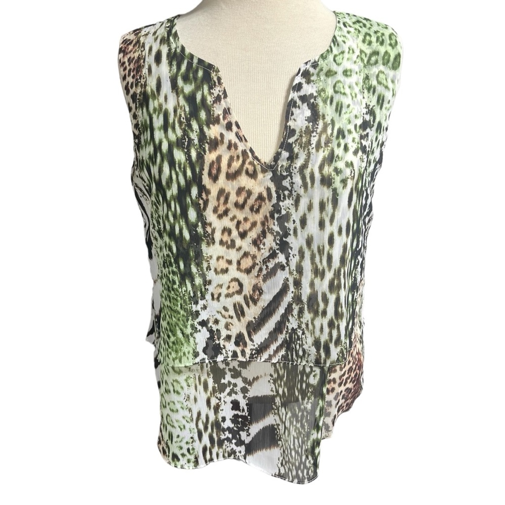 Animal Print V-Neck Layered Chiffon Sleeveless Blouse Green Brown Small #525